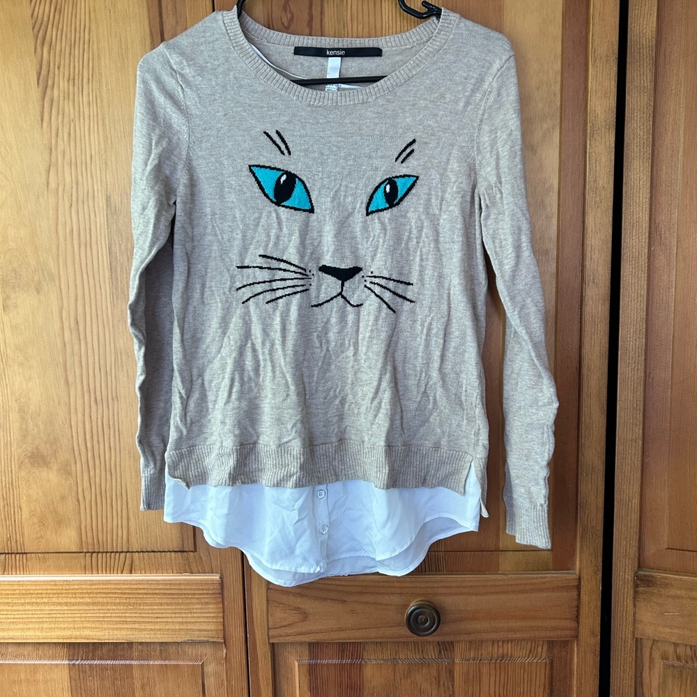 KENSIE Woman’s Cat Lover Kitten Kitty Face Layered Knit Sweater Top Gift S Small